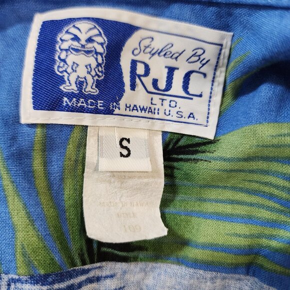 RJC Hawaii Mens Small Hawaiian Shirt Blue Tropical Margarita Palm Print - Picture 2 of 6